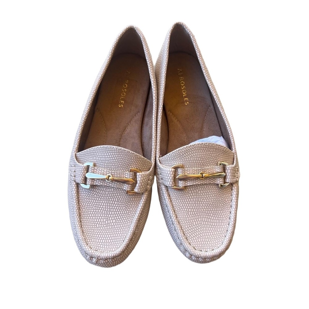 NWT Womens Size 8 Snakeskin Print Loafer Flats Gold Buckle Beige Slip On - Picture 9 of 9